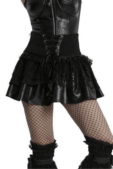 Faux Leather Punk Skirt with Mesh Panels and Lace-Up Style